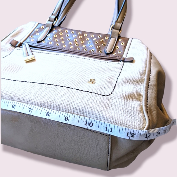Benetton classic linen style vegan leather hand bag cream and brown medium 14" - Picture 4 of 10
